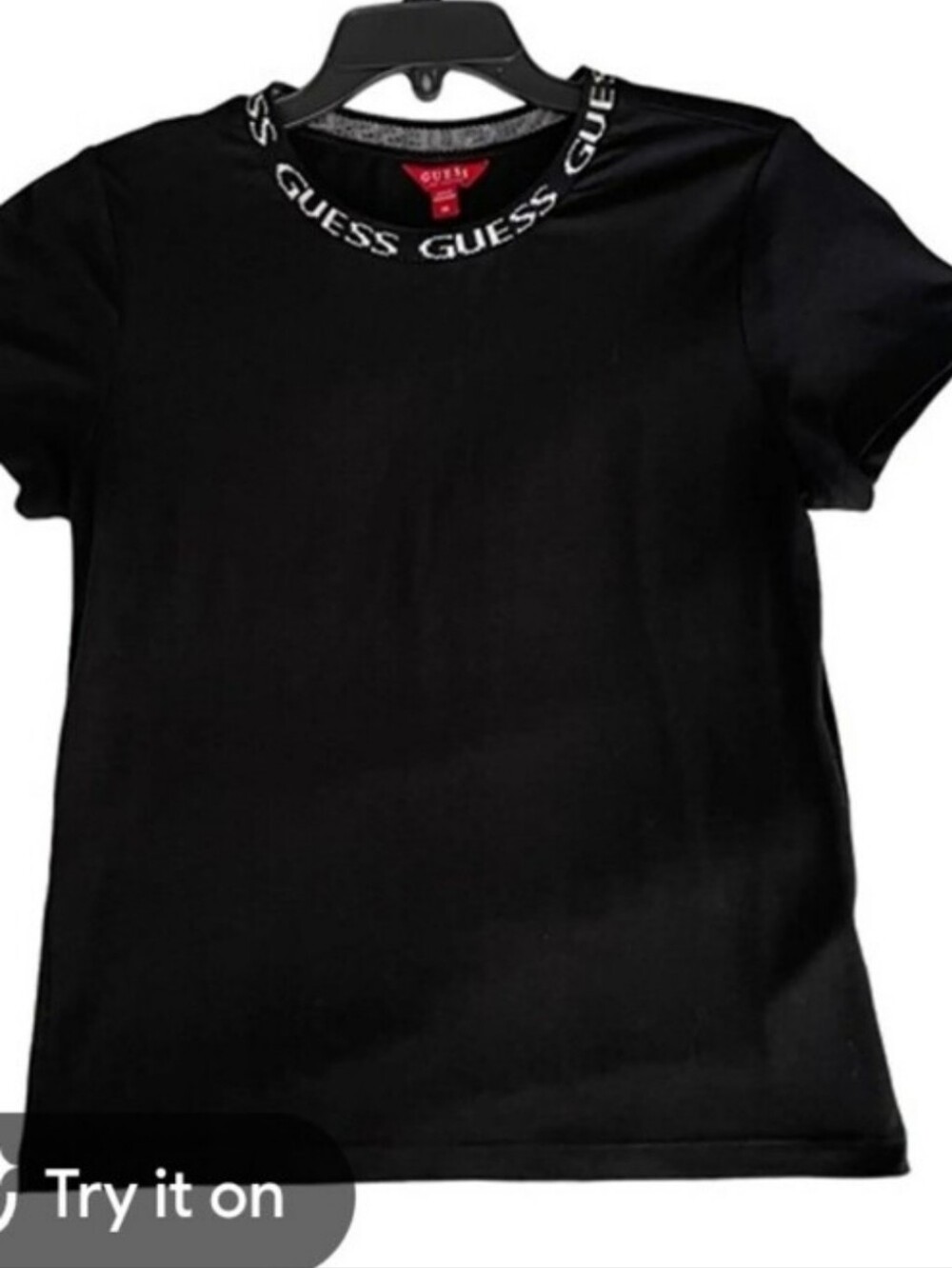 GUESS Black Short Sleeve Tee with Logo-Trim Neckline